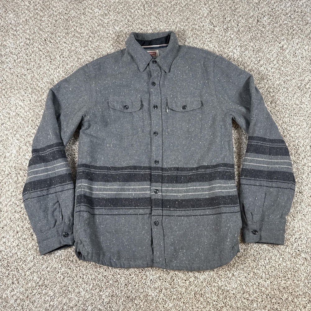 Levis Shirt Jacket Mens Large Gray Wool Blend Lined Western Stripe Shacket